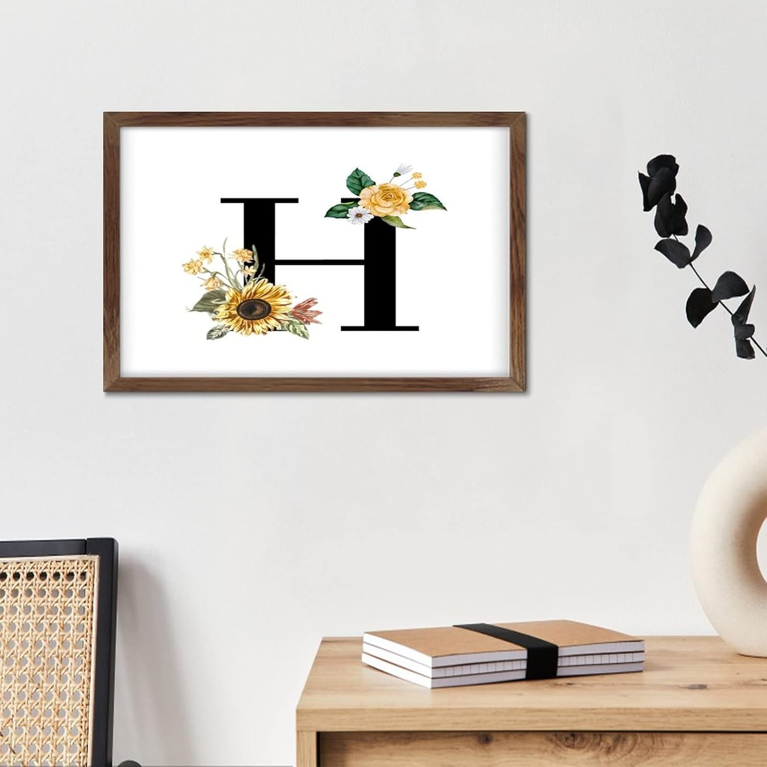 Black Monogram H Wood Framed Wall Sign Primitive Decor