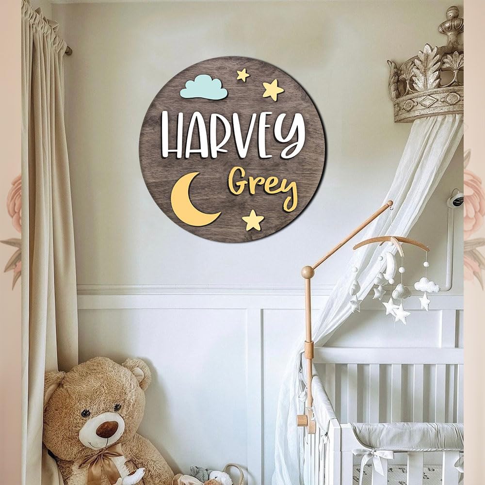 Personalized Wooden Name Sign with Moon - Custom Baby Announcement Decor