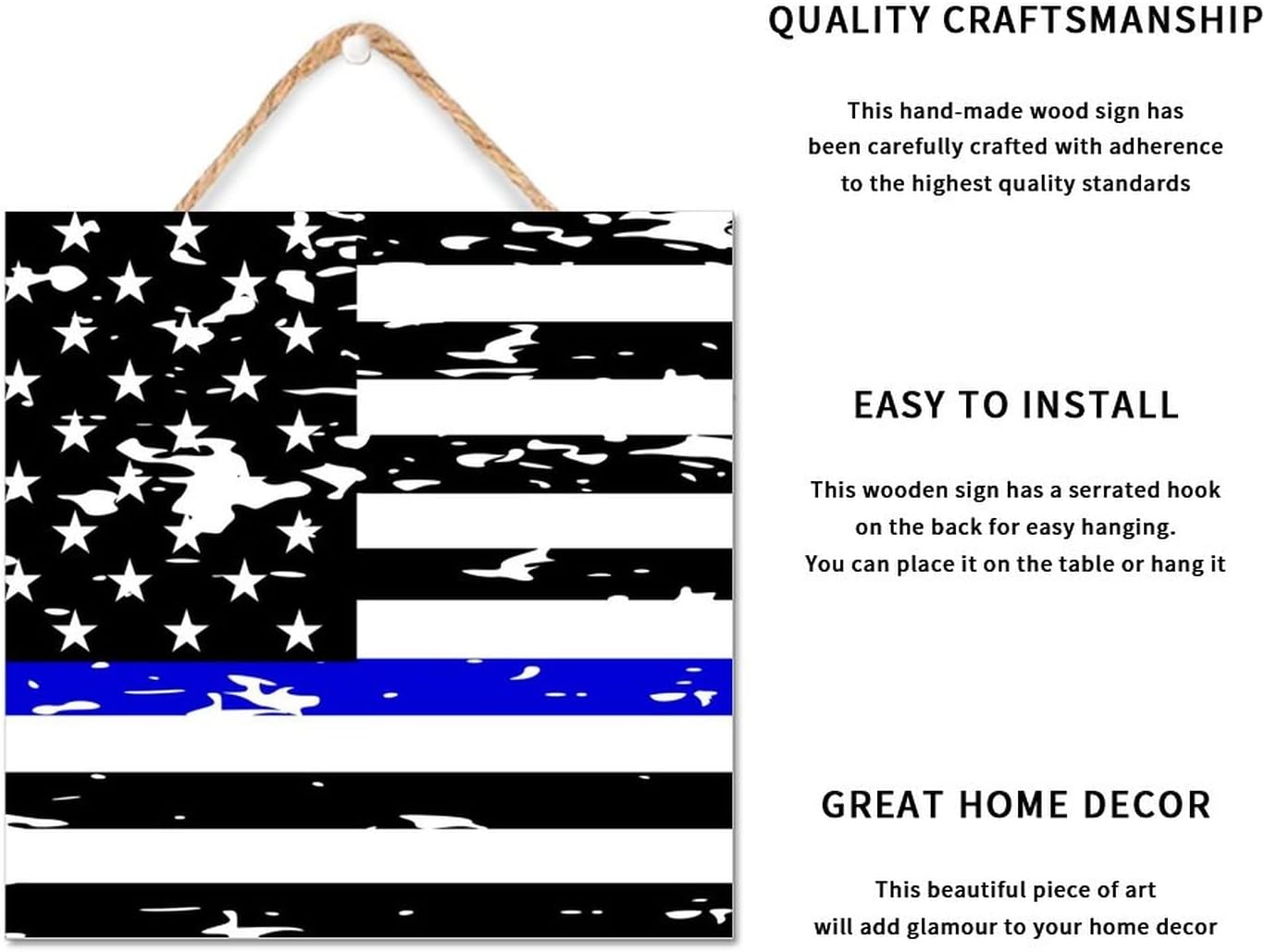 Thin Blue Line Black American Flag Wooden Sign 12x12in