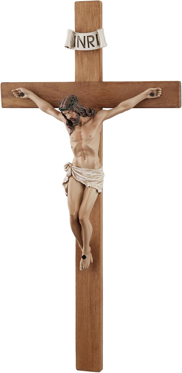 14 Inch Olive Wood Wall Cross with Painted Jesus