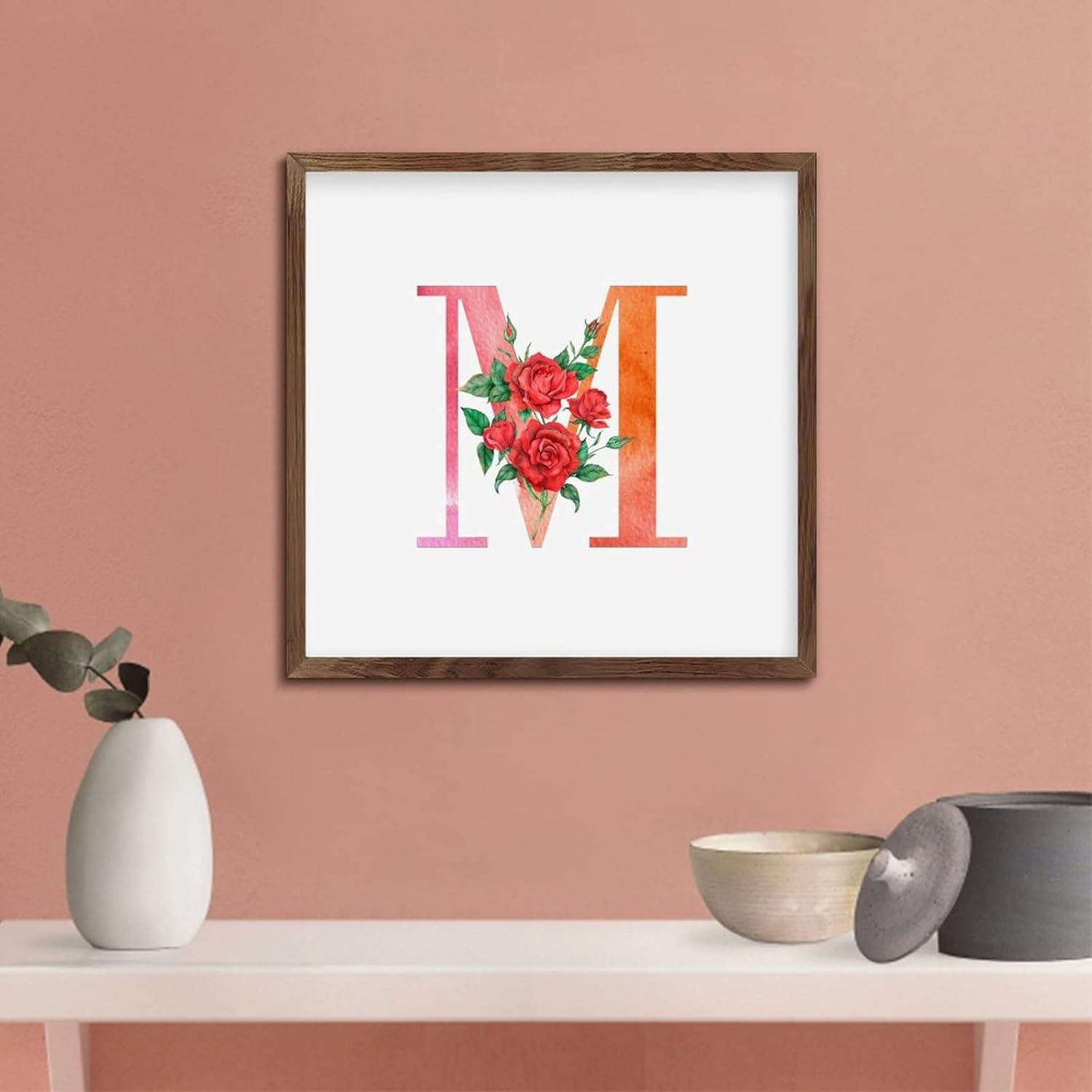 Red Monogram Initial Letter M Framed Wall Art Sign 1