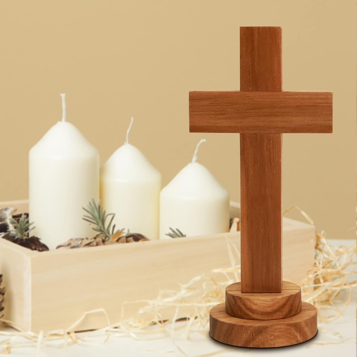 Attivolife Wood Cross Statue with Stand - Religious Christian Decor