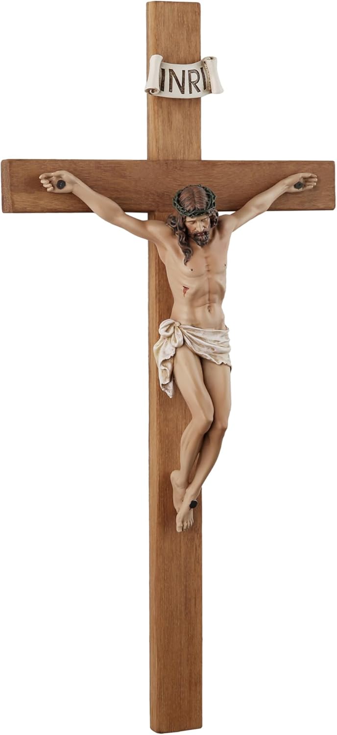 14 Inch Olive Wood Wall Cross with Painted Jesus