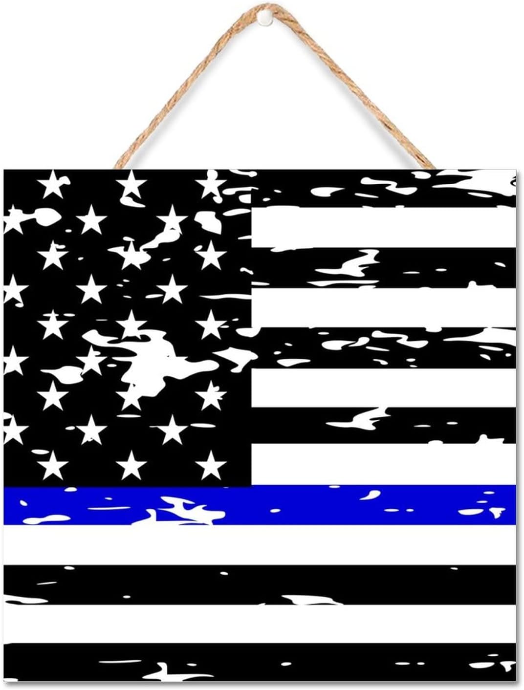 Thin Blue Line Black American Flag Wooden Sign 12x12in
