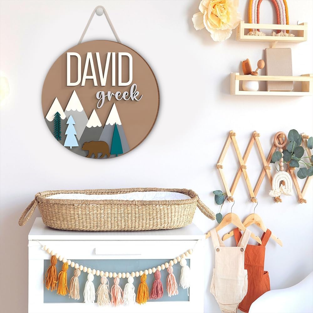 Custom Bear and Mountain Nursery Name Sign for Kids Room