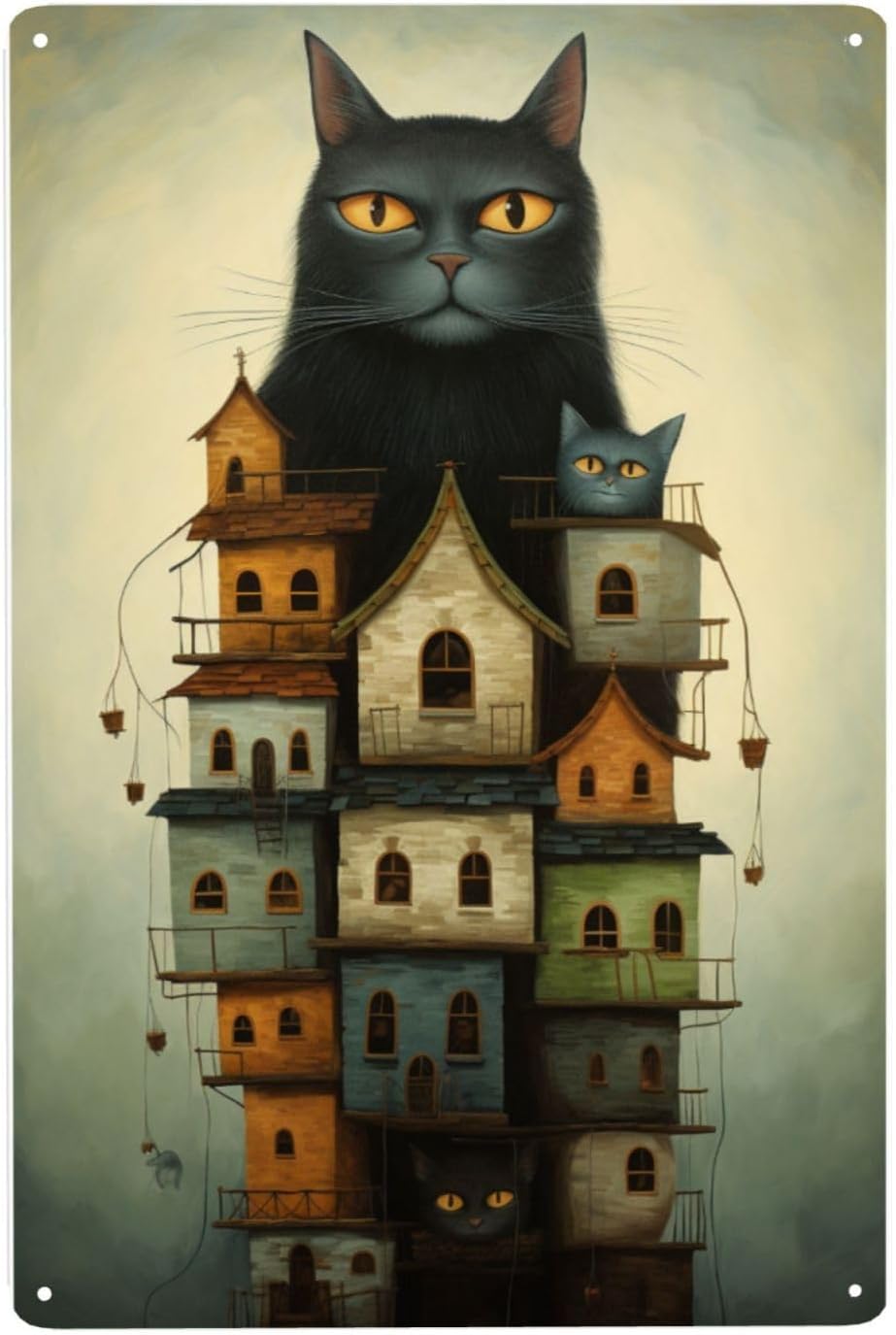 Mystic Feline Fortress Metal Wall Art Decor 12x16inch