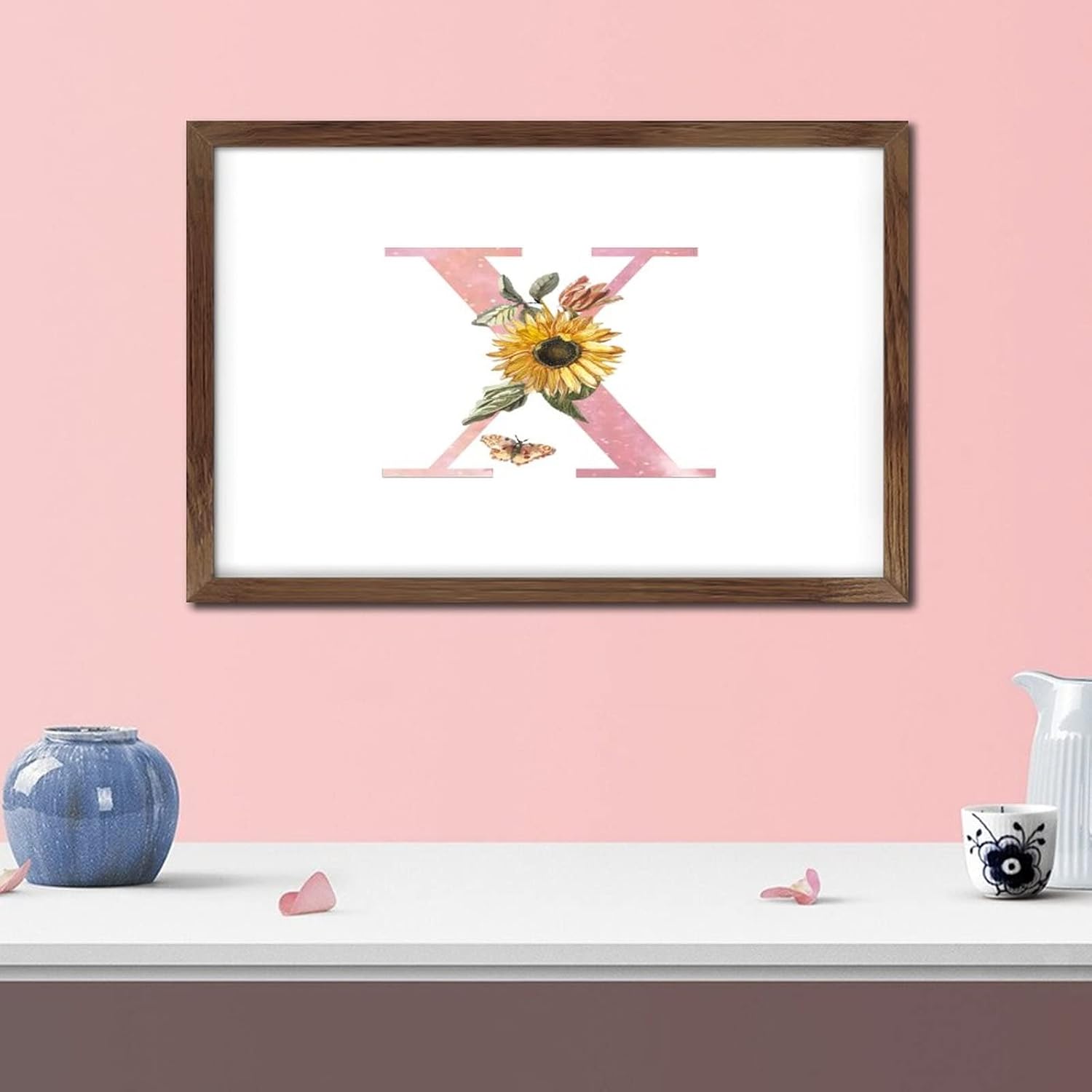 Pink Monogram Initial Letter X Framed Wood Sign Wall Decor