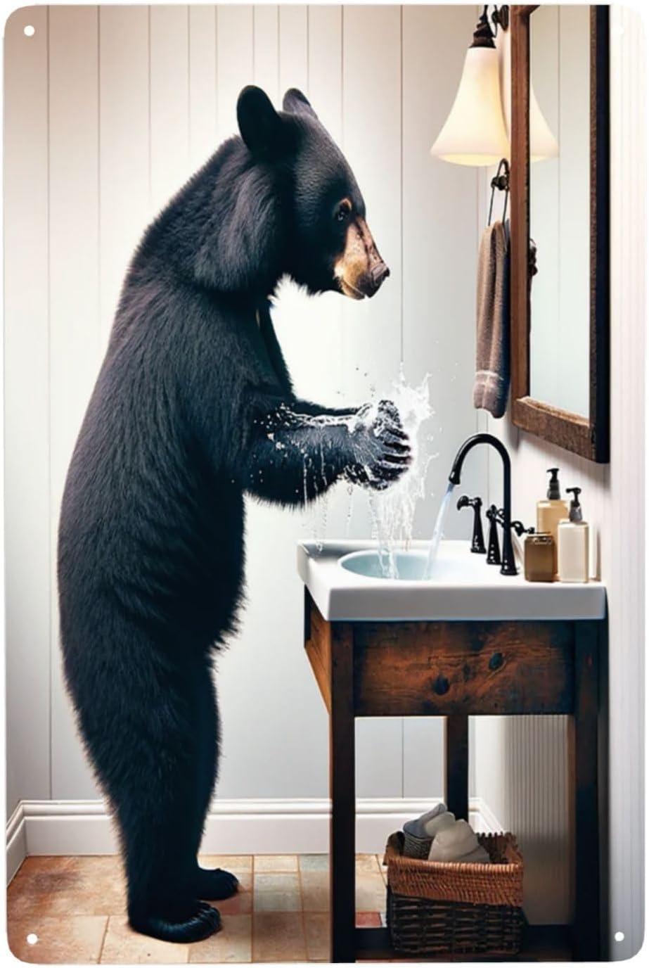 Whimsical Black Bear Handwash Wall Art Metal Tin Sign