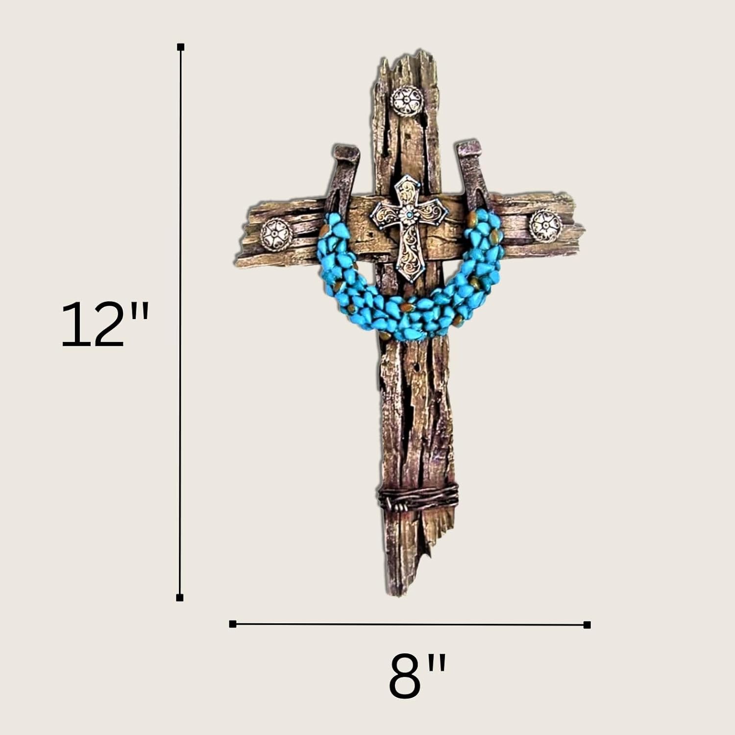 Rustic Drifted Wood Wall Cross with Turquoise Horseshoe