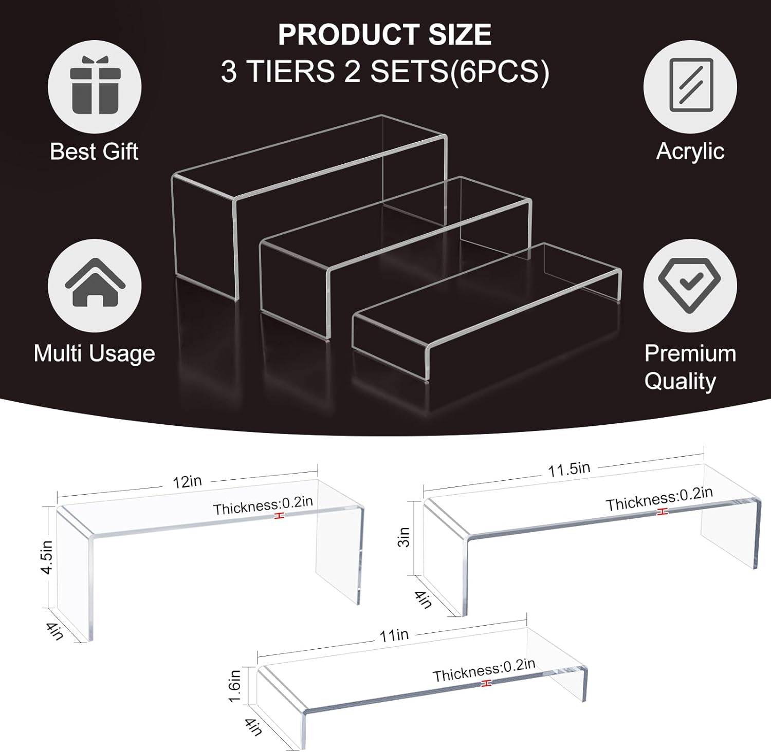 Blaithom Acrylic Display Risers 6pcs Set 12 Inch Clear Stackable Shelves