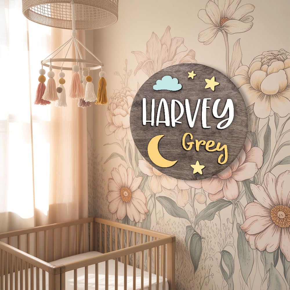 Personalized Wooden Name Sign with Moon - Custom Baby Announcement Decor