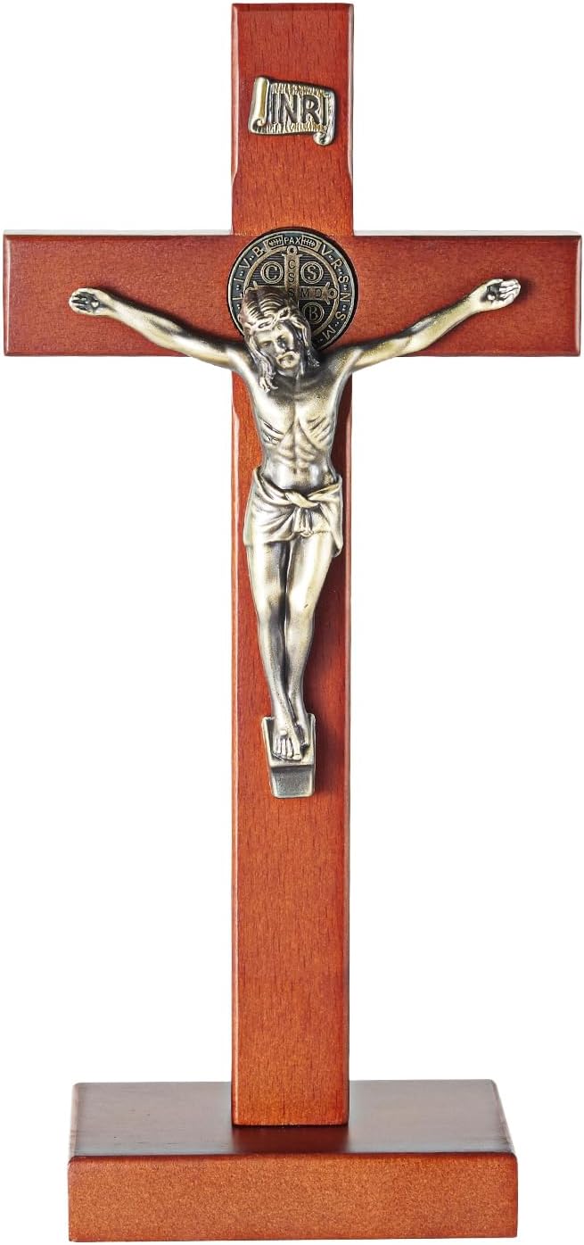 ARCHOBAN Wooden Crucifix Wall Cross with Stand - Brown and Antique Brass