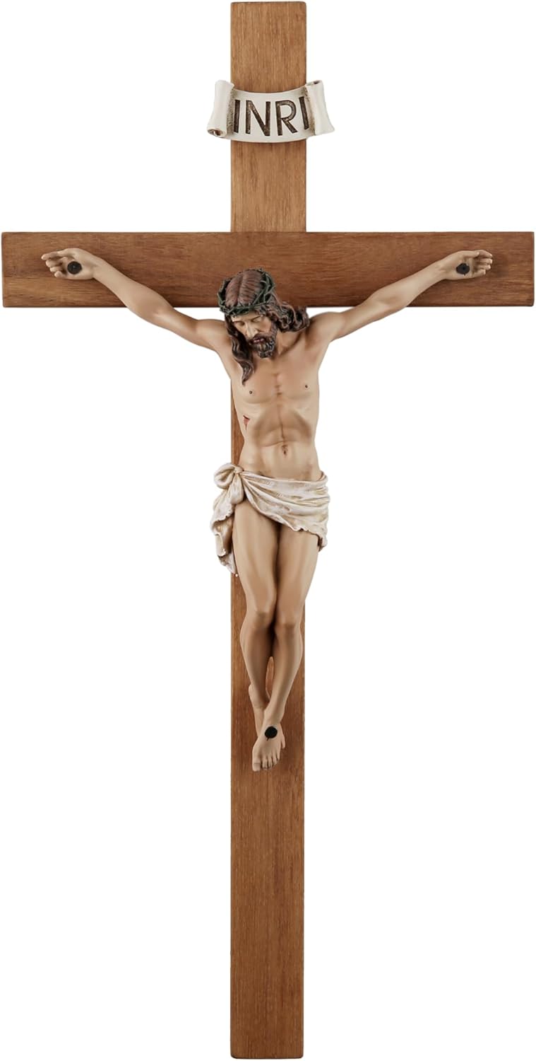 14 Inch Olive Wood Wall Cross with Painted Jesus
