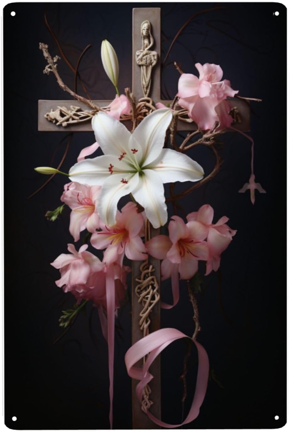 Serene Lily Cross Metal Wall Decor Tin Sign
