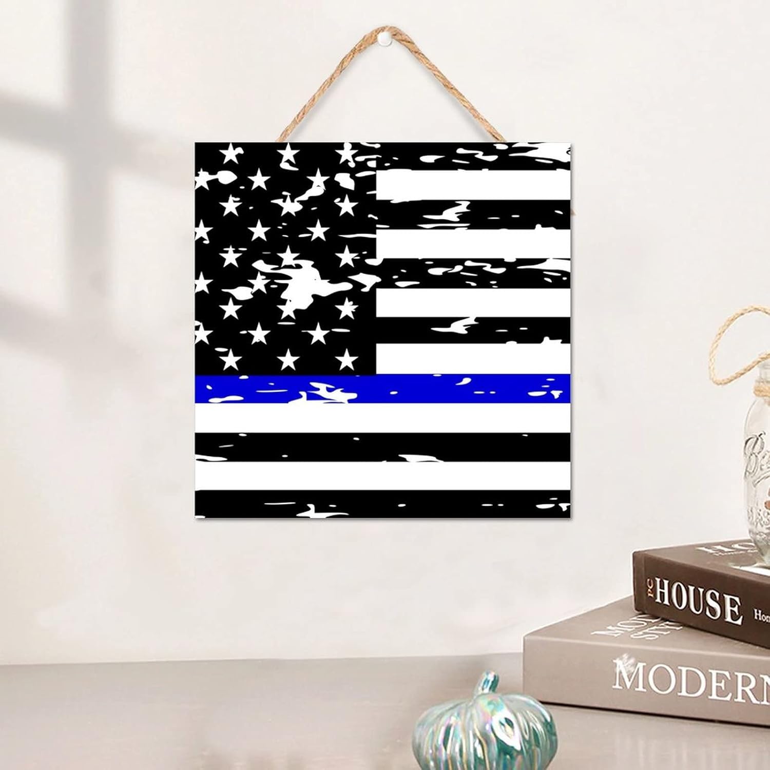 Thin Blue Line Black American Flag Wooden Sign 12x12in
