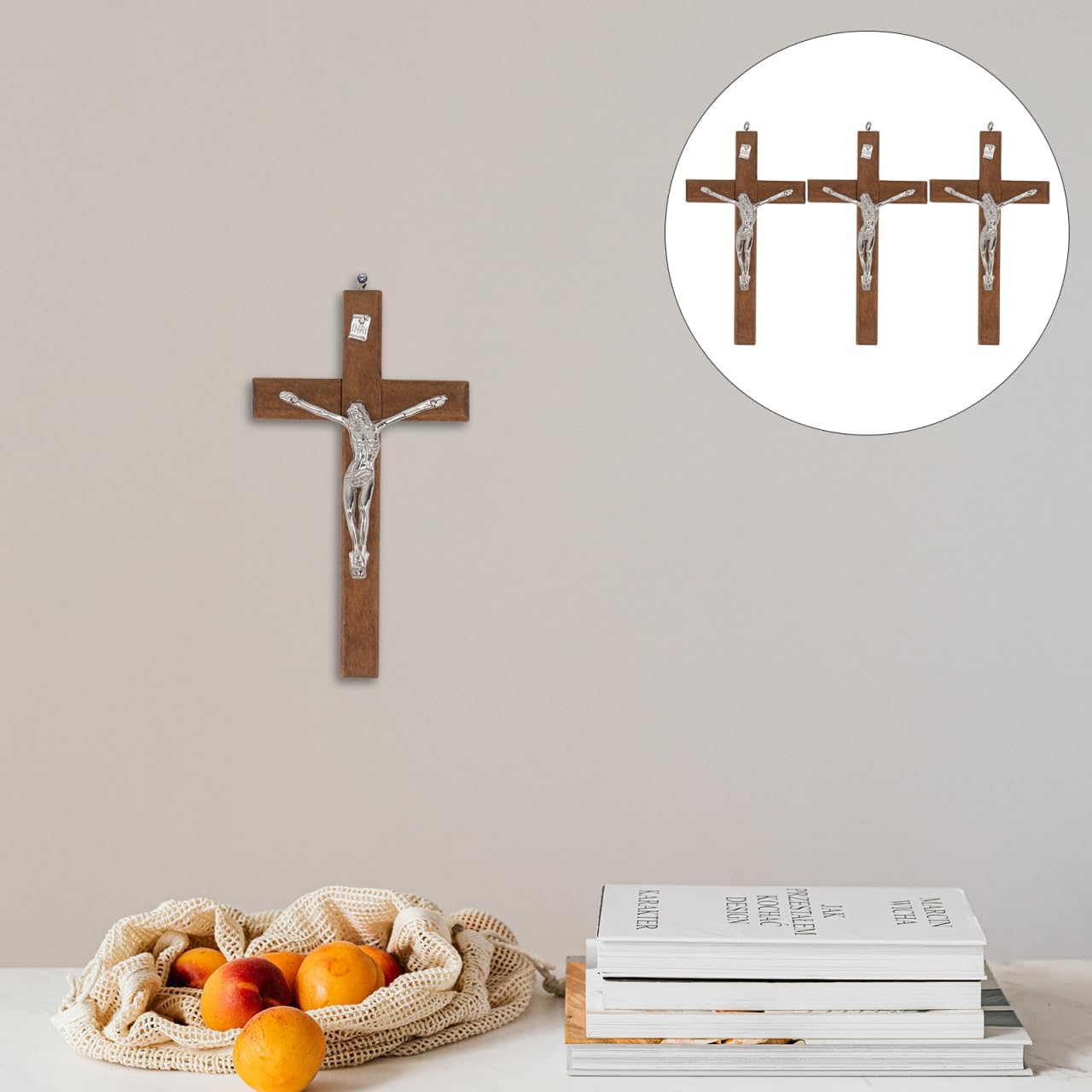 BESTOYARD Wood Wall Art 3 Pack - 5-Inch Medal Holy Crucifix Cross