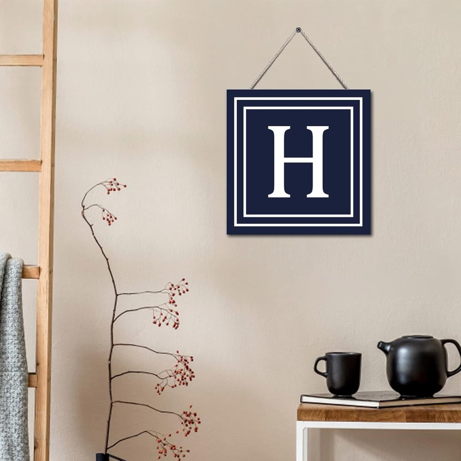 Navy Blue H Letter Custom Initial Wood Sign Wall Decor