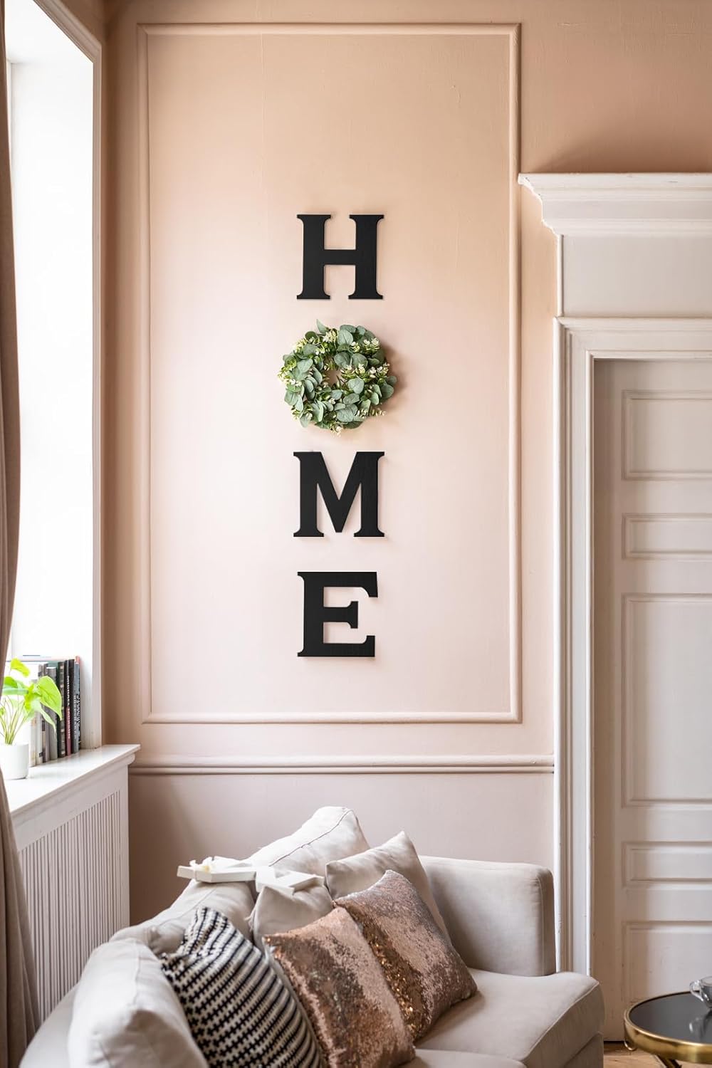 Mkono Farmhouse Wall Sign with Black Wooden Letters and Artificial Eucalyptus Wreath