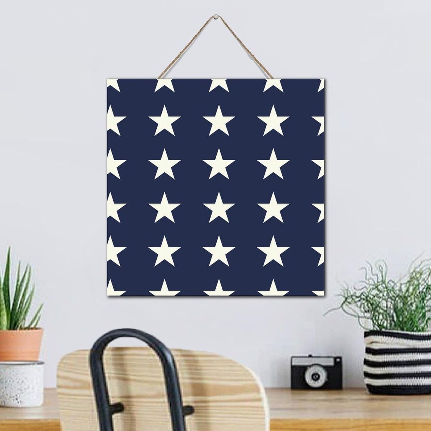 White And Blue Star 4th of July Wood Wall Sign 12x12 Inch