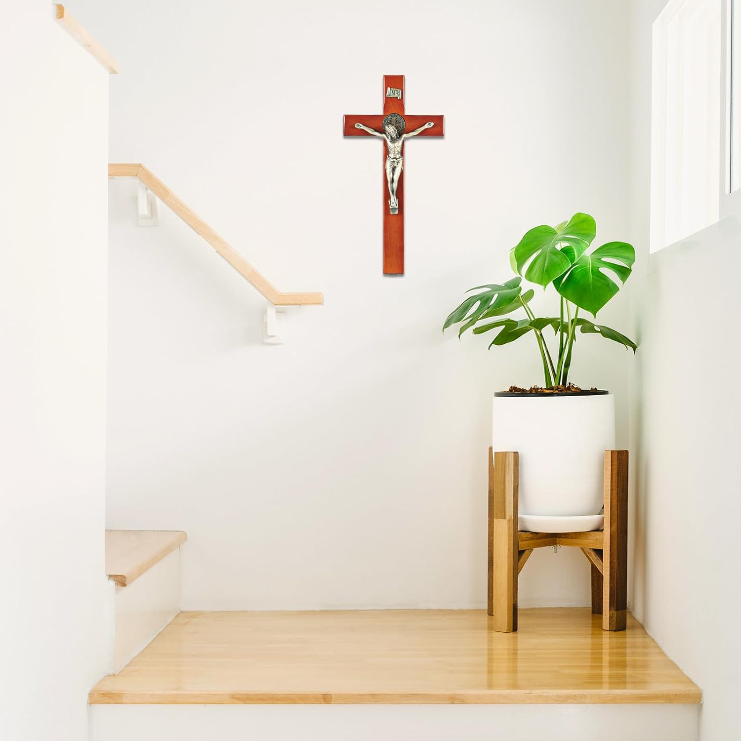 ARCHOBAN Wooden Crucifix Wall Cross with Stand - Brown and Antique Brass