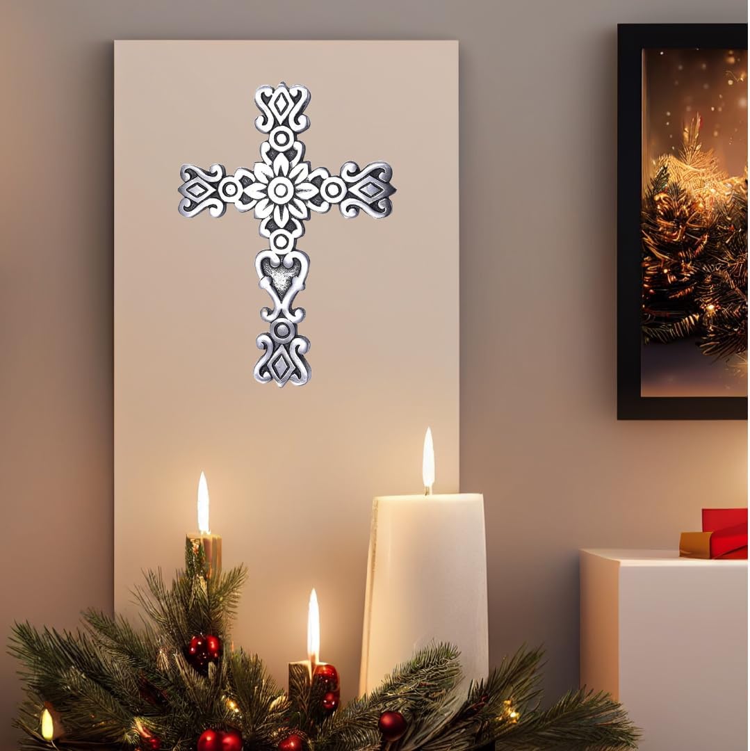 Castleore Wall Hanging Religious Christian Metal Cross - Silver Antique