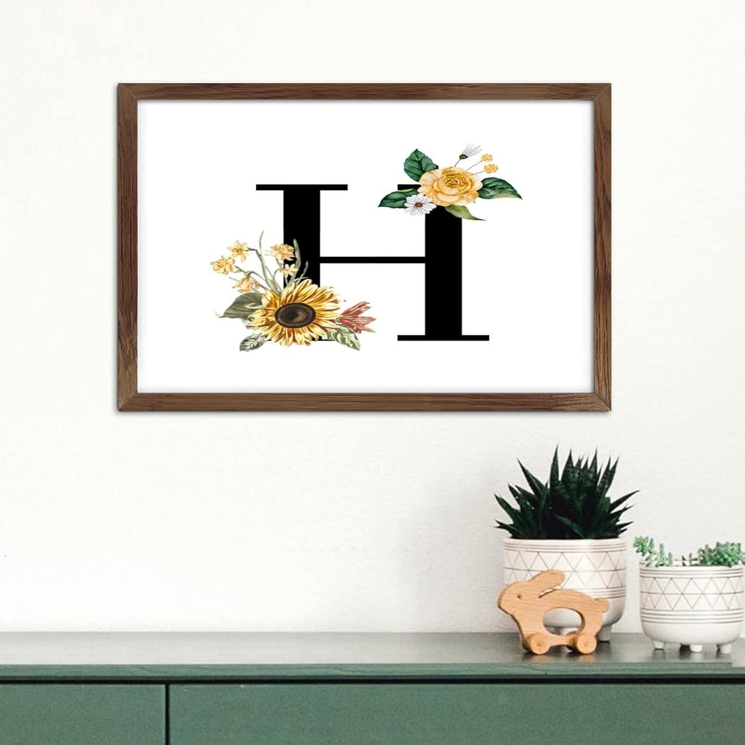 Black Monogram H Wood Framed Wall Sign Primitive Decor