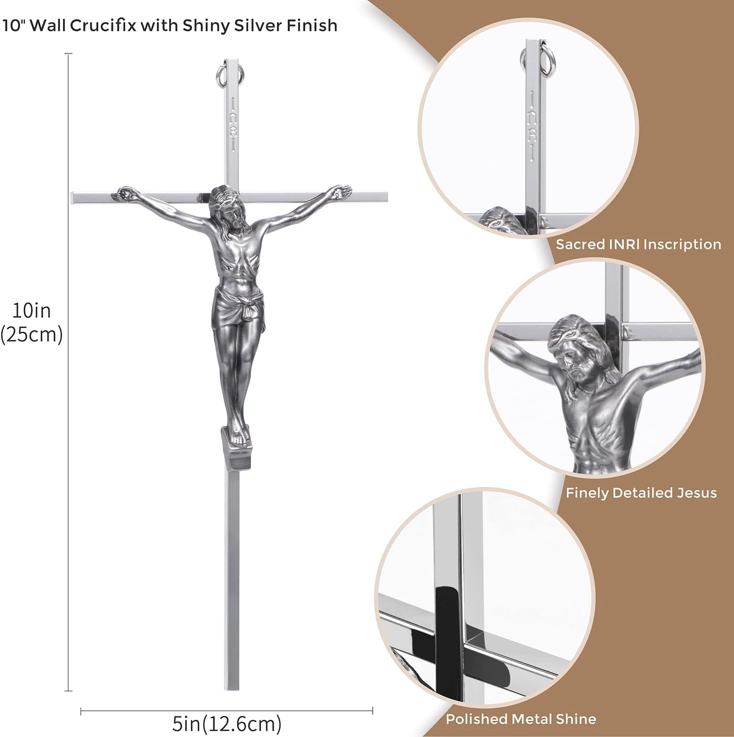 ACHIBANG 10 Inch Silver Crucifix Wall Cross - Catholic Metal Cross with Jesus INRI