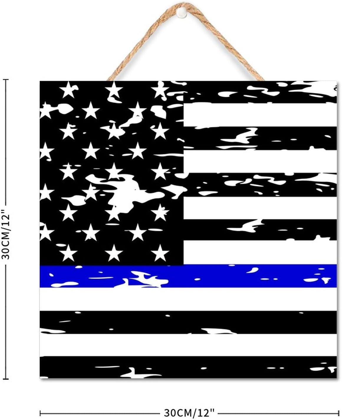 Thin Blue Line Black American Flag Wooden Sign 12x12in