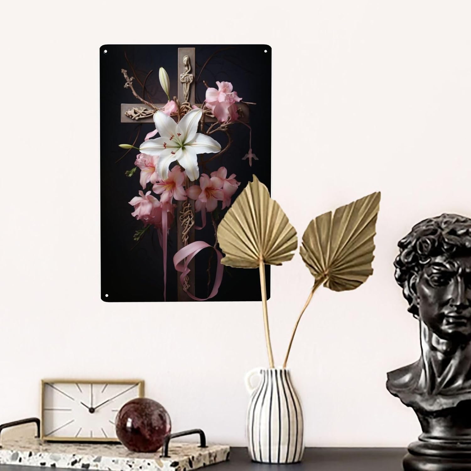 Serene Lily Cross Metal Wall Decor Tin Sign