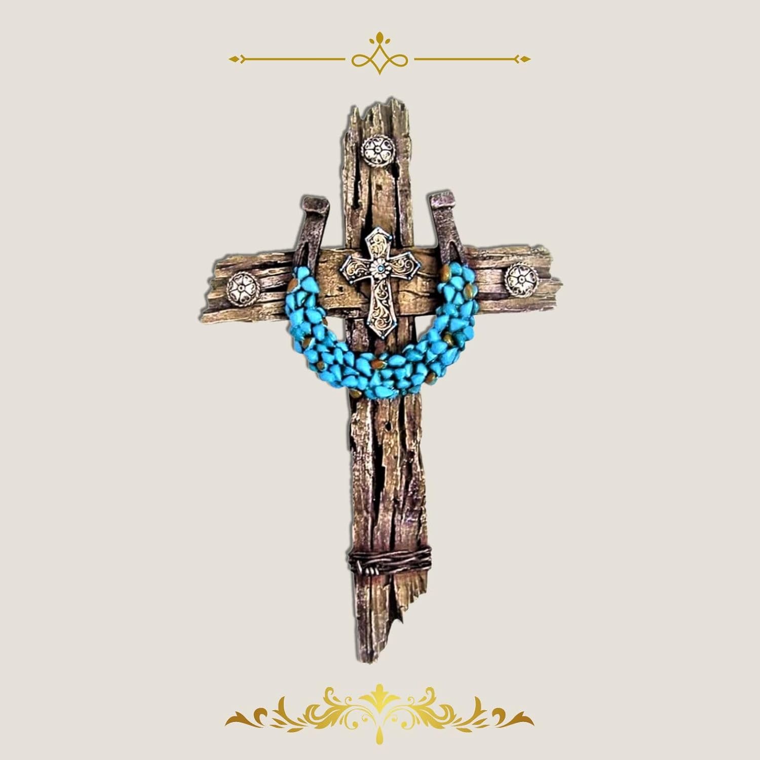 Rustic Drifted Wood Wall Cross with Turquoise Horseshoe