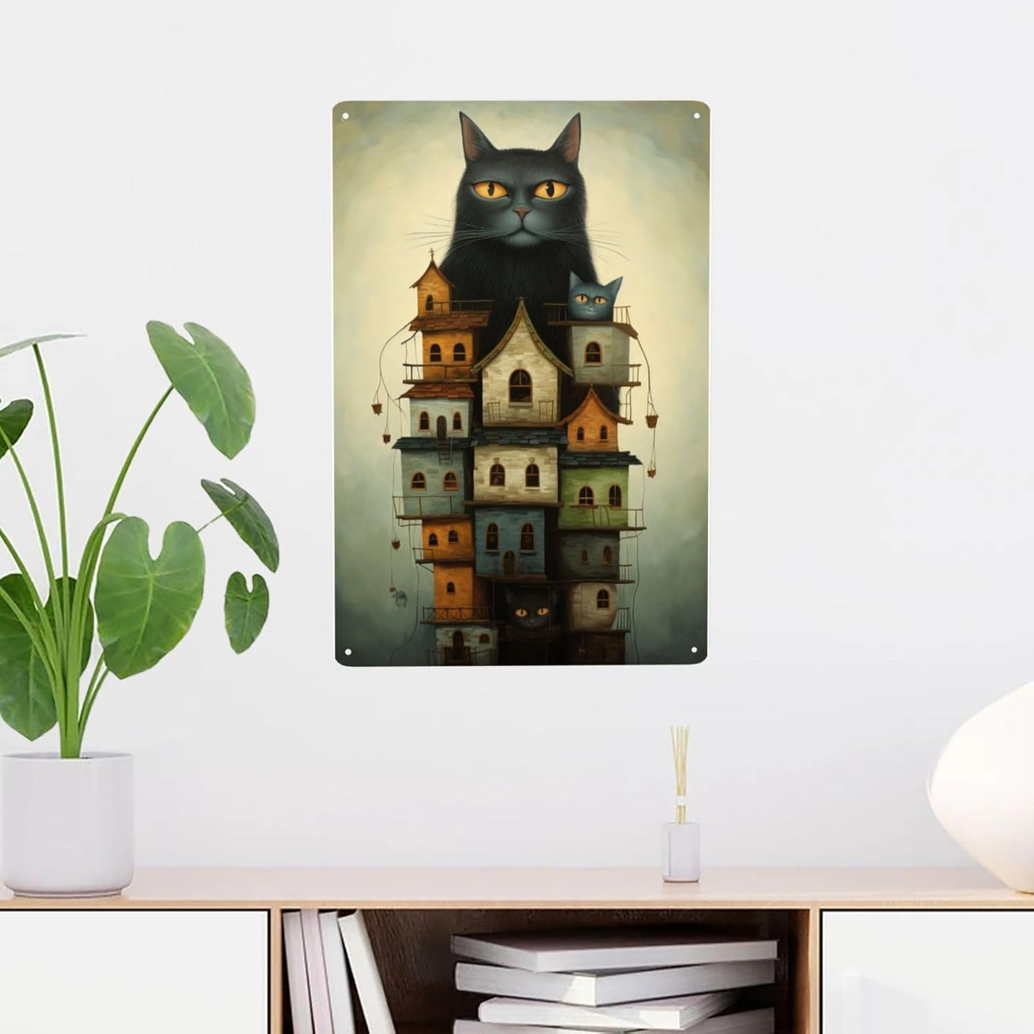 Mystic Feline Fortress Metal Wall Art Decor 12x16inch