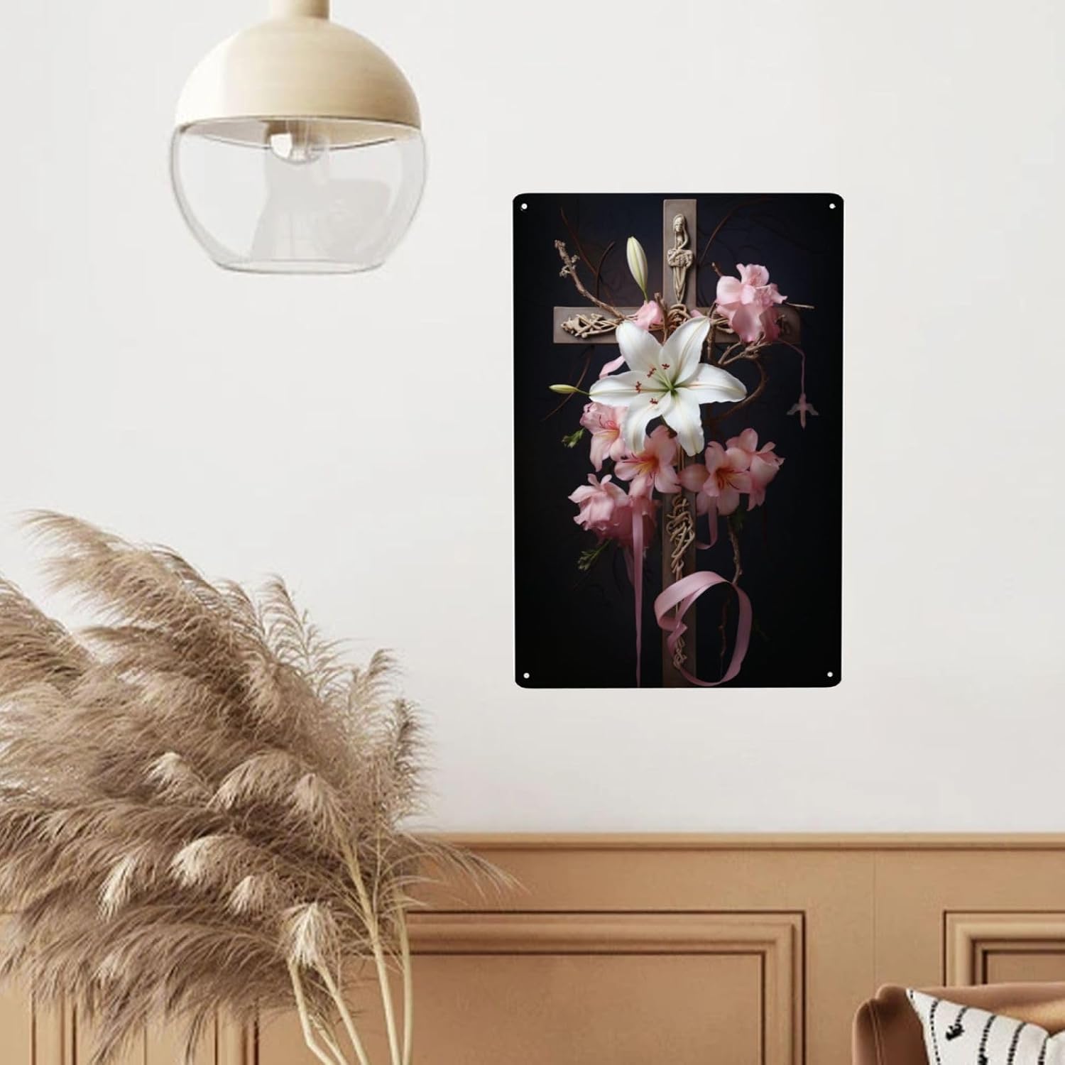 Serene Lily Cross Metal Wall Decor Tin Sign