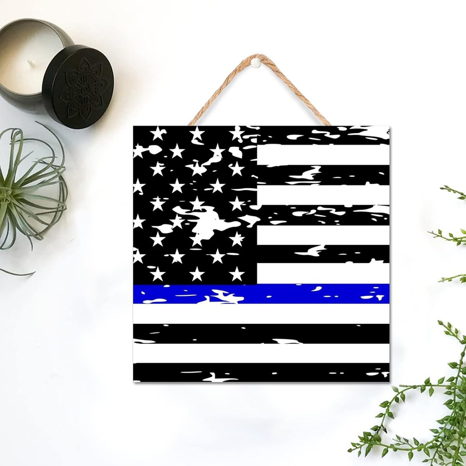 Thin Blue Line Black American Flag Wooden Sign 12x12in