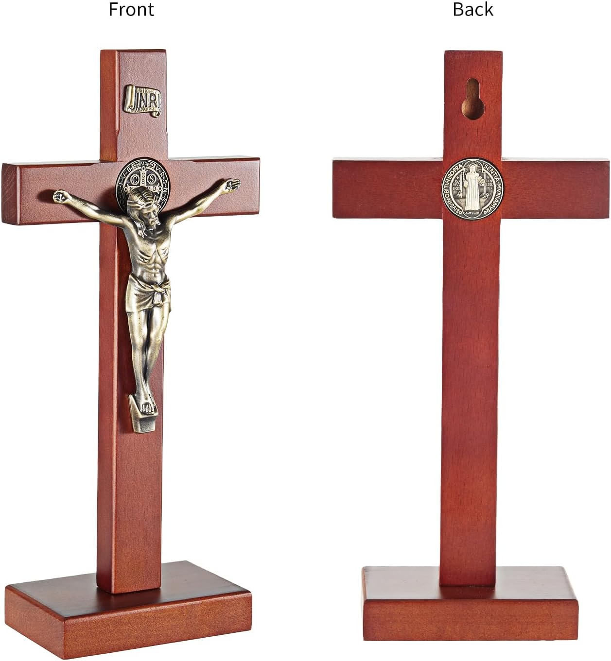 ARCHOBAN Wooden Crucifix Wall Cross with Stand - Brown and Antique Brass
