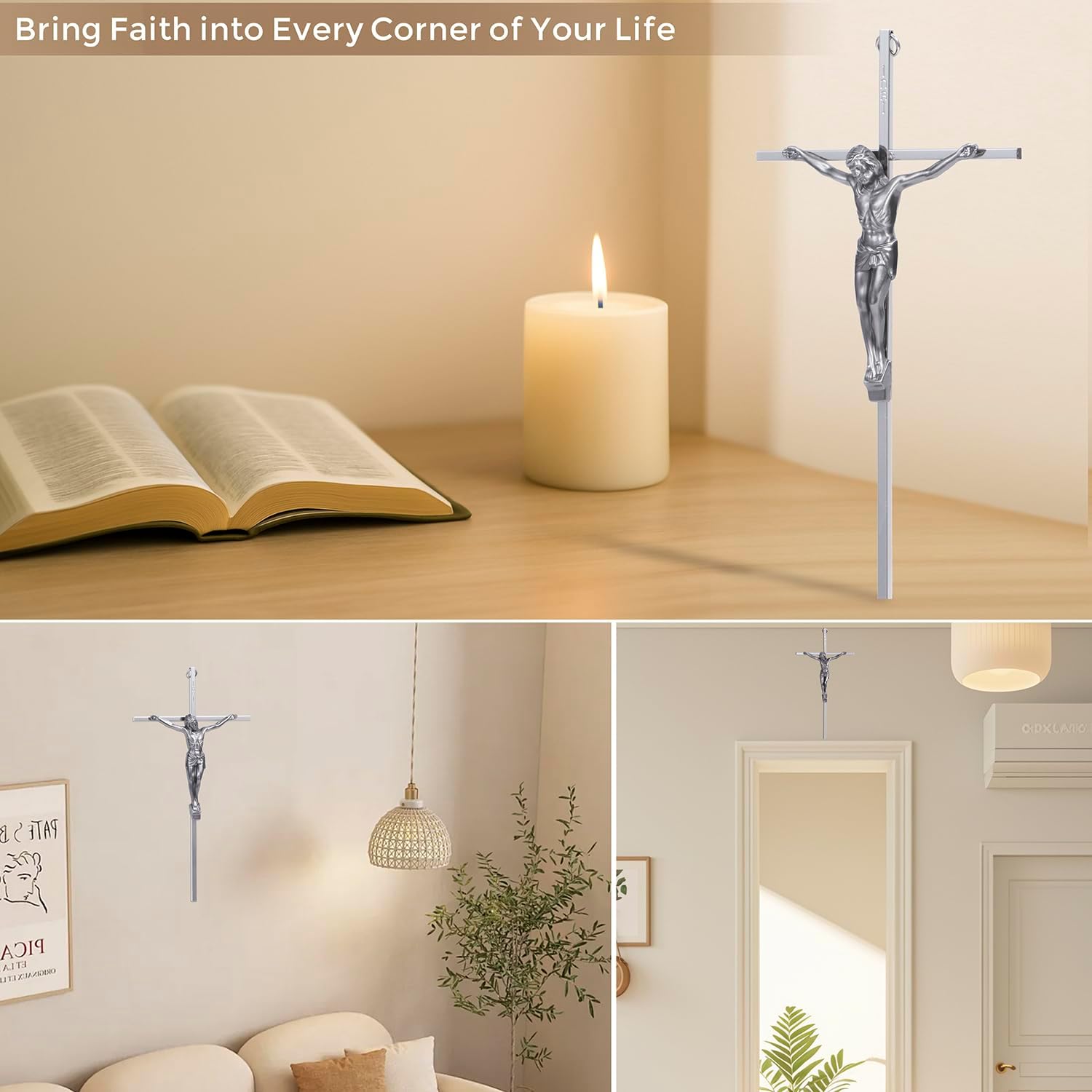 ACHIBANG 10 Inch Silver Crucifix Wall Cross - Catholic Metal Cross with Jesus INRI