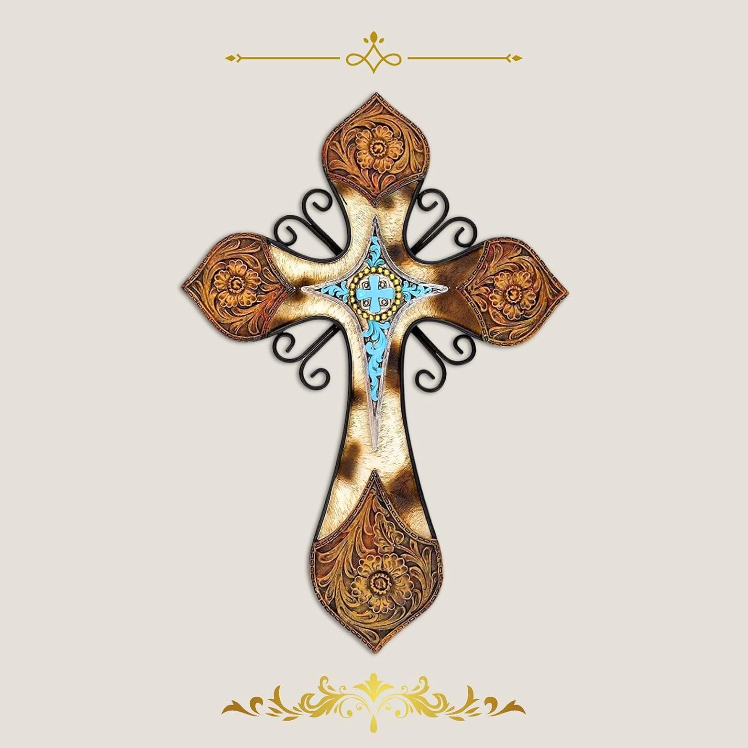 Rustic Western Style Wall Cross with Turquoise and Floral Design
