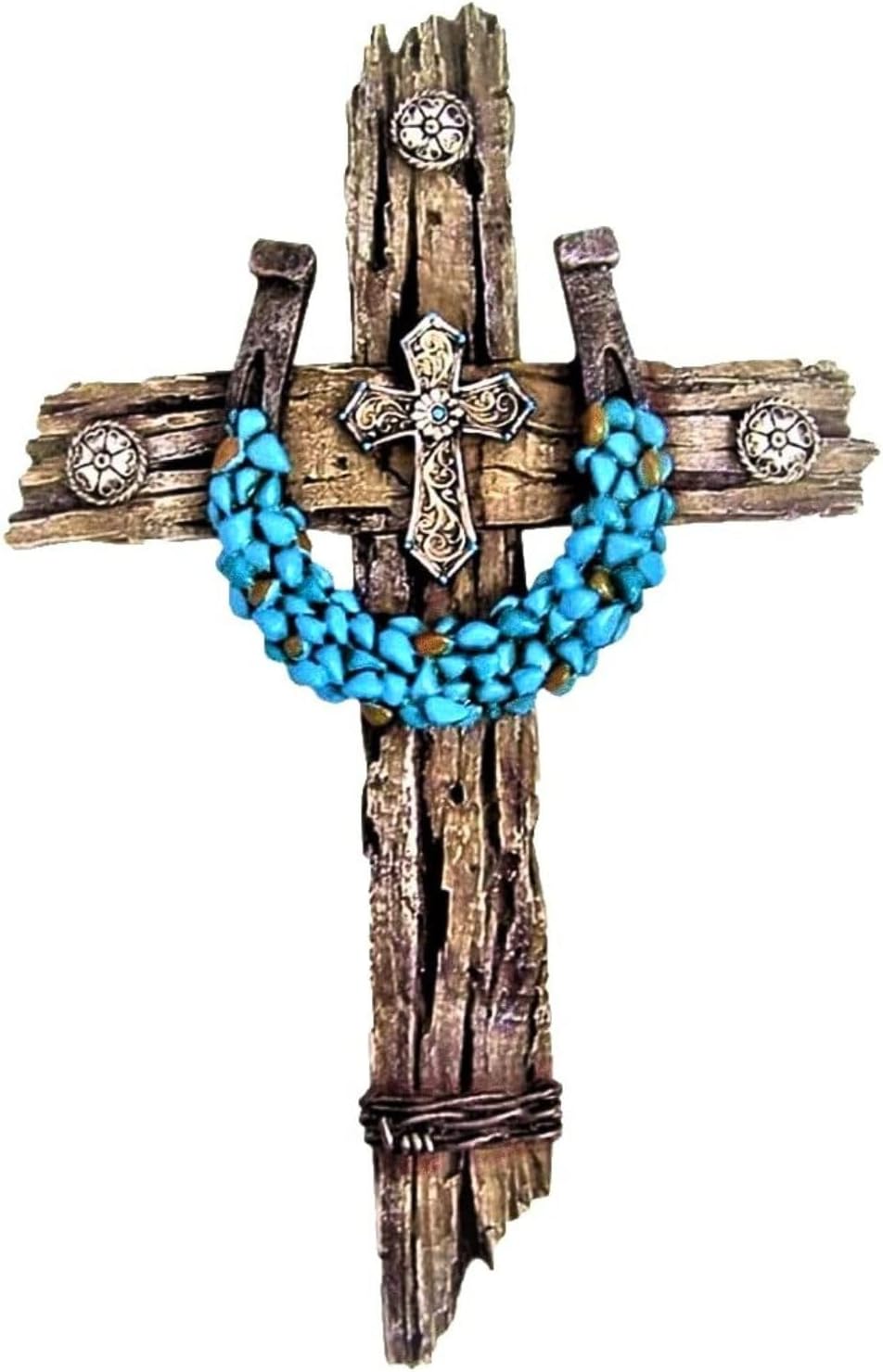 Rustic Drifted Wood Wall Cross with Turquoise Horseshoe