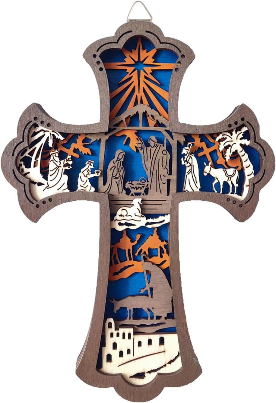 KOMI Wooden Wall Cross with Nativity Scene 9 Inch