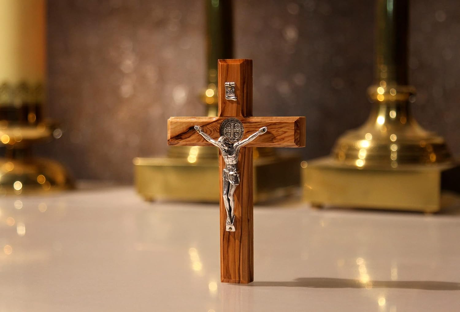 St Benedict Wooden Wall Cross in Olive Wood from Bethlehem