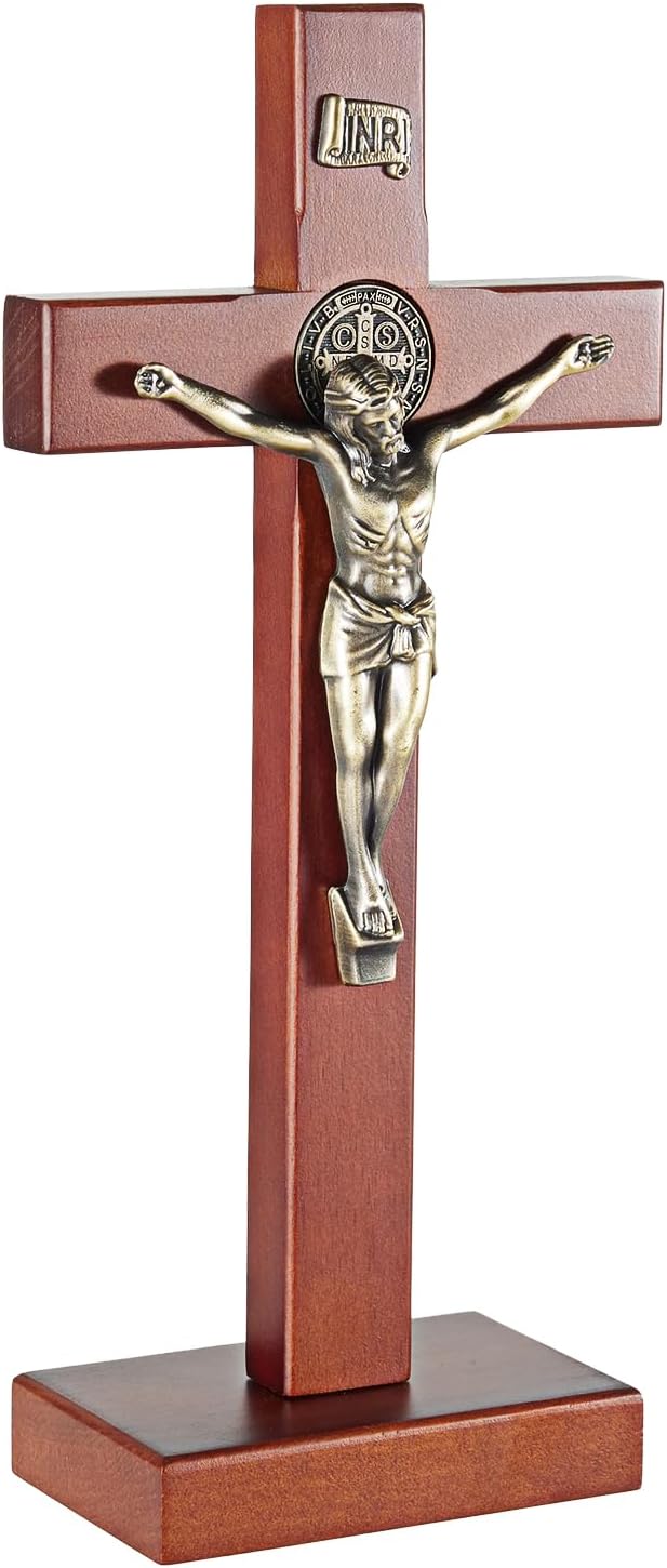 ARCHOBAN Wooden Crucifix Wall Cross with Stand - Brown and Antique Brass