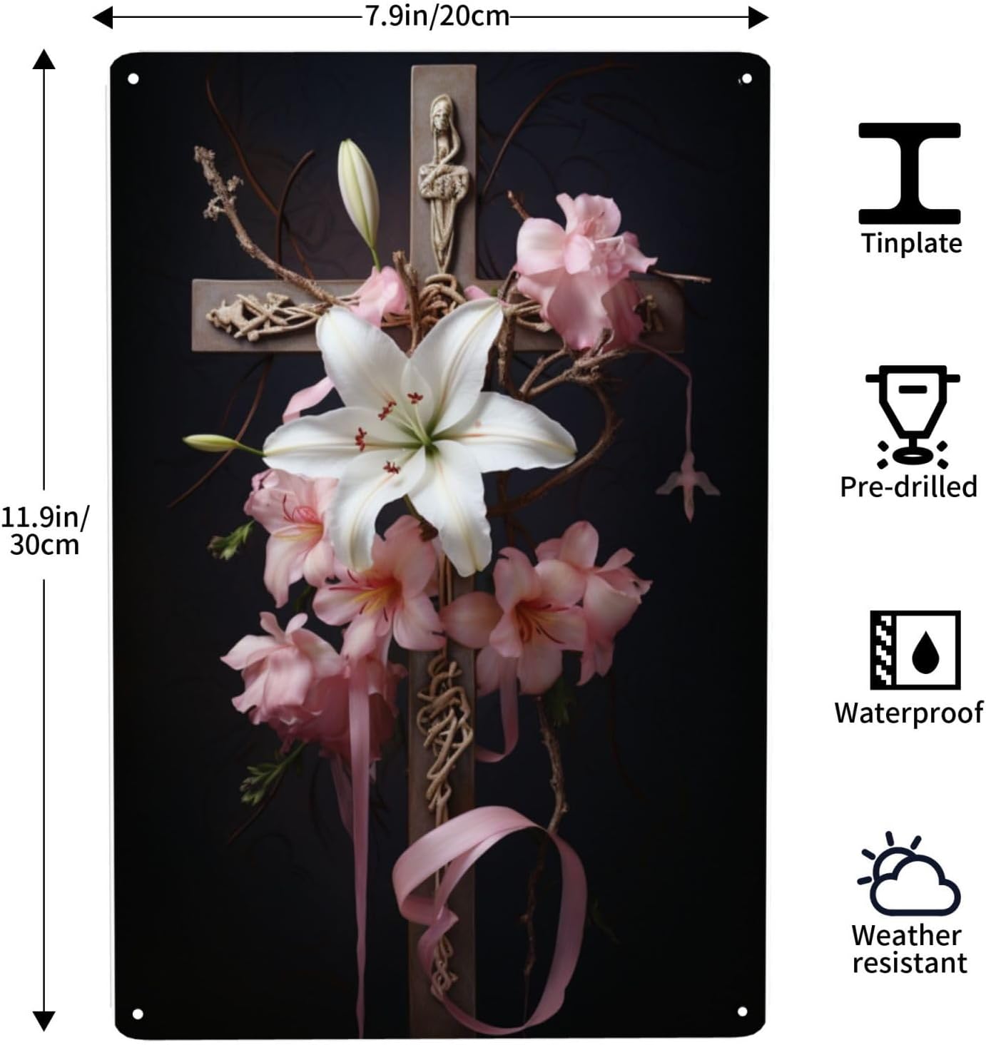 Serene Lily Cross Metal Wall Decor Tin Sign 12x8inch
