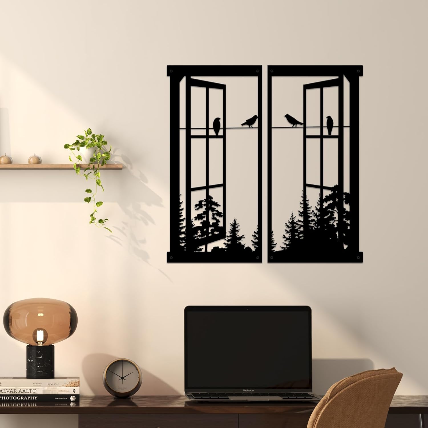 Resama Black Metal Wall Decor with Birds and Windows