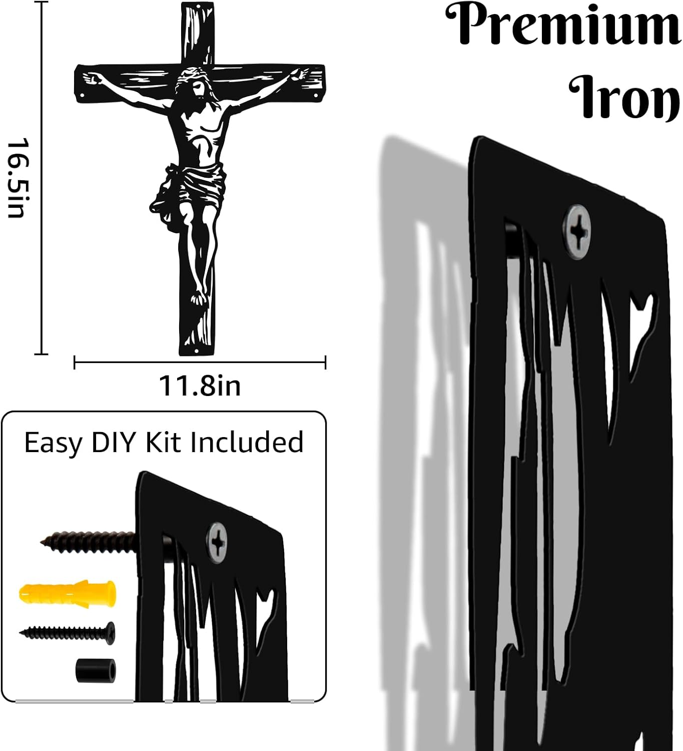 WAKOSAN Black Metal Crucifix Wall Art 3D Shadow Cross