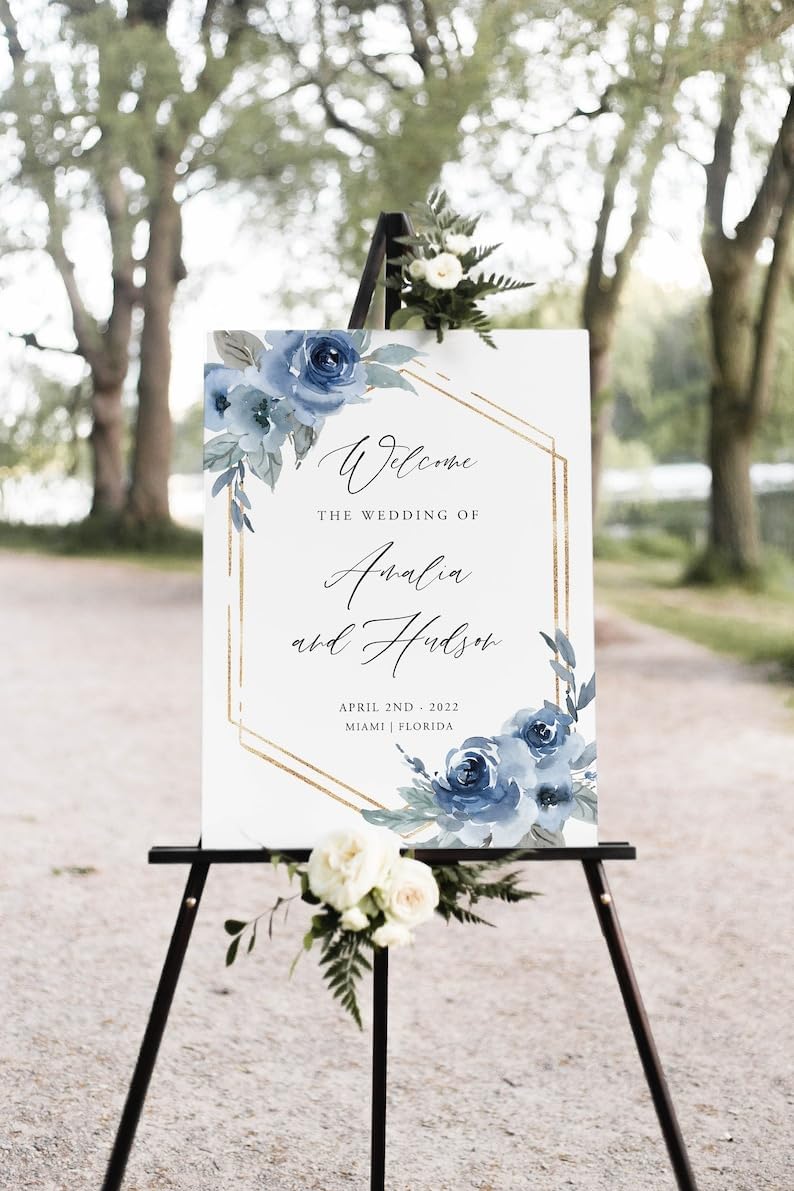 Custom Dusty Blue Floral Wedding Welcome Sign