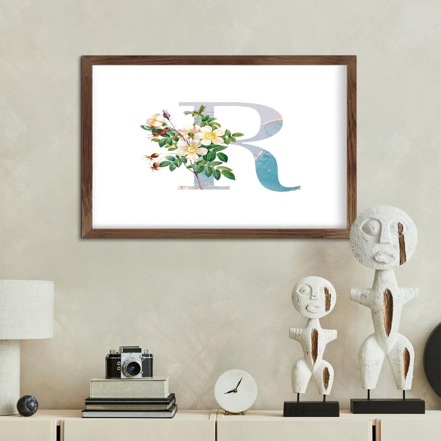 Initial Letter R Monogram Blue Wood Framed Wall Art Sign