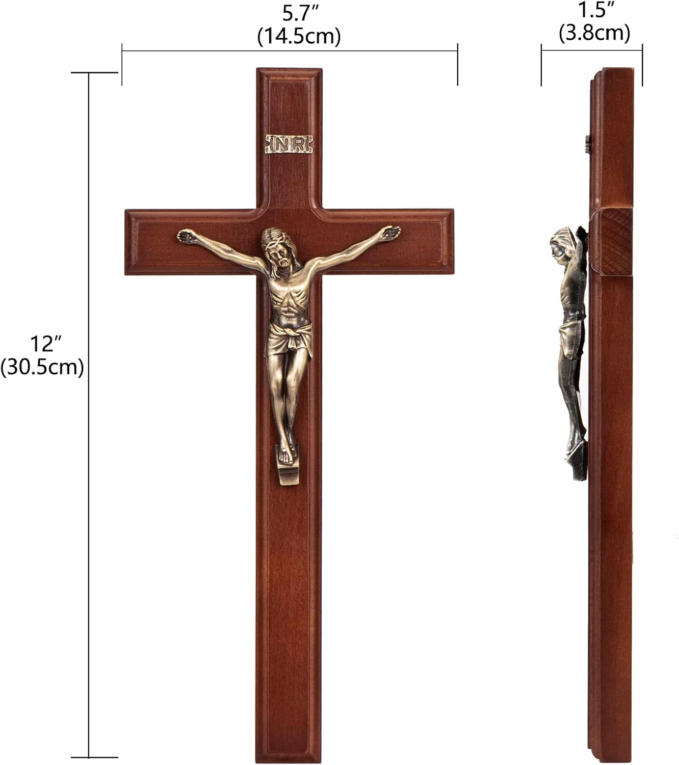 ARCHOBAN 12 Inch Wooden Wall Cross with Jesus Christ - Brown and Antique Brass