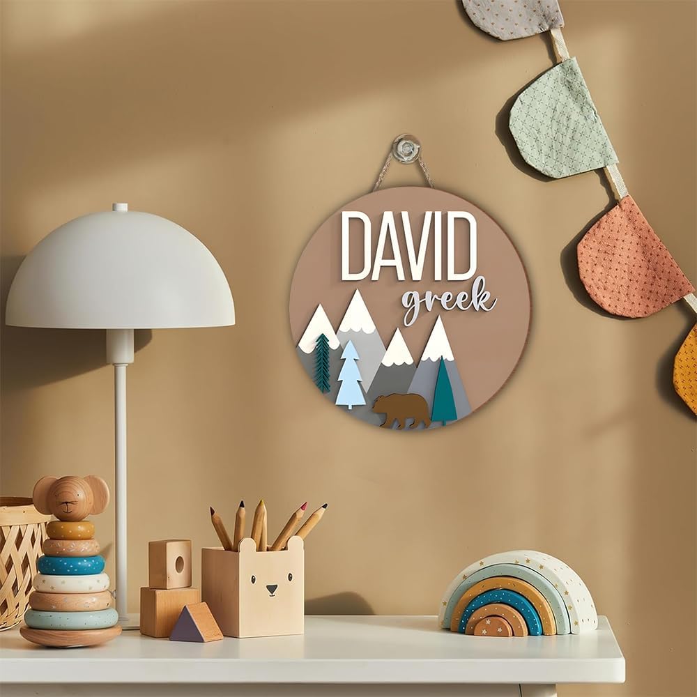 Custom Bear and Mountain Nursery Name Sign for Kids Room