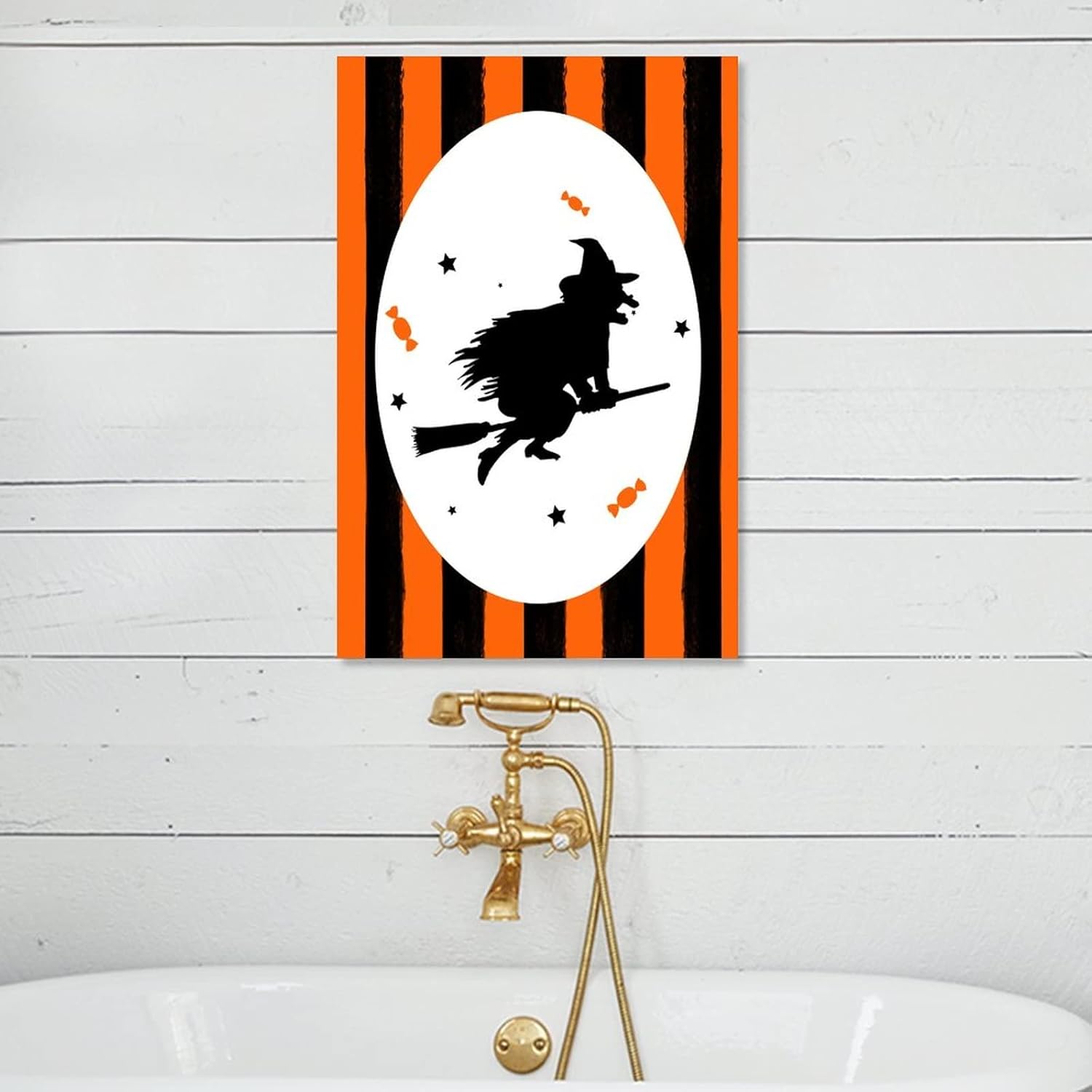 Wooden Halloween Sign with Orange Black Pumpkins Cat Witch