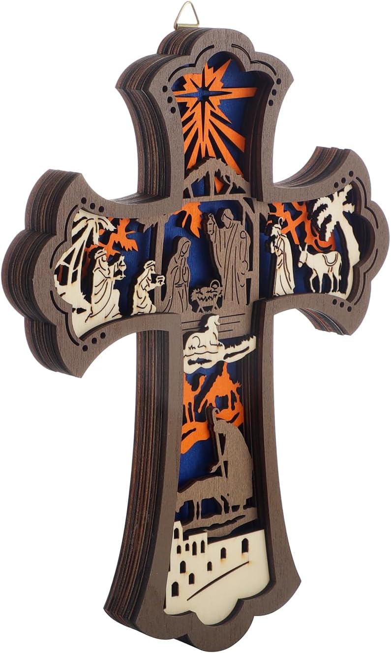 KOMI Wooden Wall Cross with Nativity Scene 9 Inch
