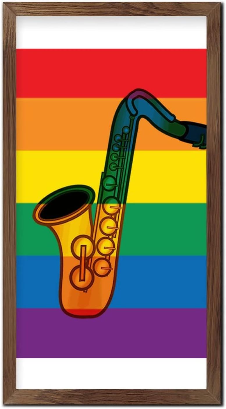 LGBTQ Pride Wood Framed Rainbow Saxophone Wall Art Sign